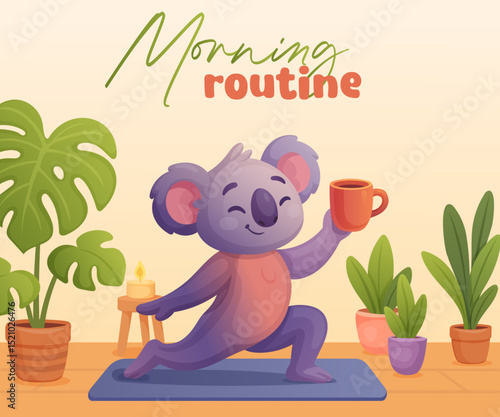 koala doing yoga with coffee in hand in cozy atmosphere, morning routine