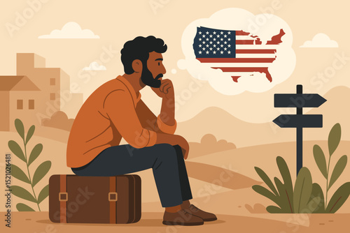 Man contemplating journey to the United States, seeking new opportunities, dreaming of America, immigration, emigration, hope for a better future, travel, decision, signpost