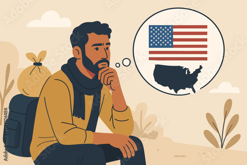 Man contemplating journey to the United States, seeking opportunity, immigration, migration, or asylum. Dream of new life, freedom, and bright future. American flag thought bubble.