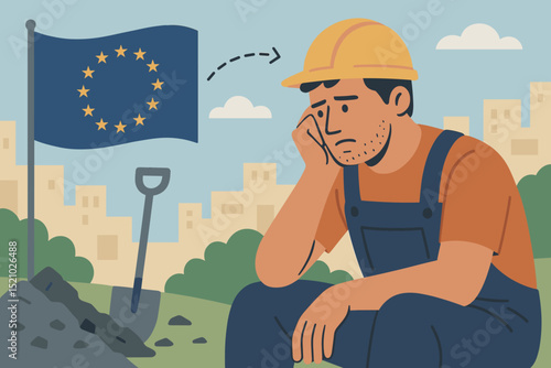 Exhausted construction worker contemplating future, migration, or unemployment, with European Union flag in background, reflecting job loss, economic crisis, or global instability concerns.