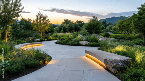 Wallpaper Mural Serene garden path illuminated by soft lights, surrounded by lush greenery and rocks, pastel sky Torontodigital.ca