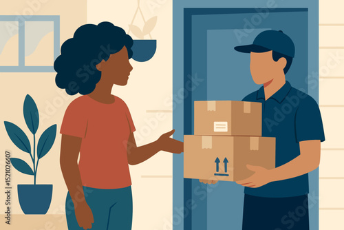 Customer receives delivery at doorstep, unboxes online order, happy woman accepts package from courier man, e-commerce, home shopping, shipping service, carton box
