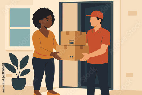 Woman receiving packages at doorstep from delivery man, online shopping order fulfillment, home delivery service, e-commerce, courier dropping off boxes, express shipping customer