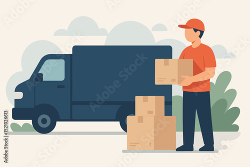Professional Courier Service Illustration: Efficient Package Delivery, Logistics, Shipping, and Global Transportation by a Dedicated Mover for Business or Personal Home Moves