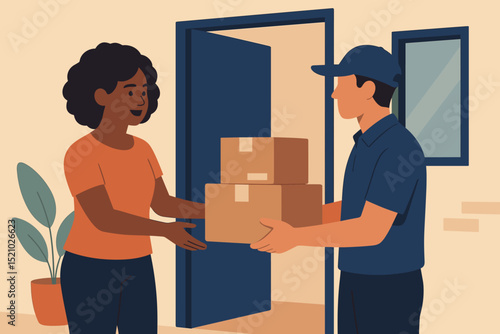 Woman receiving home delivery package from courier service at her doorstep. Fast, convenient, and safe shipping. Customer getting parcels, box, goods. Online shopping.
