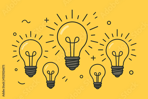 Bright idea concept with multiple glowing light bulbs on a yellow background. Creative thinking, innovation, problem-solving, inspiration, and solutions for business and education.