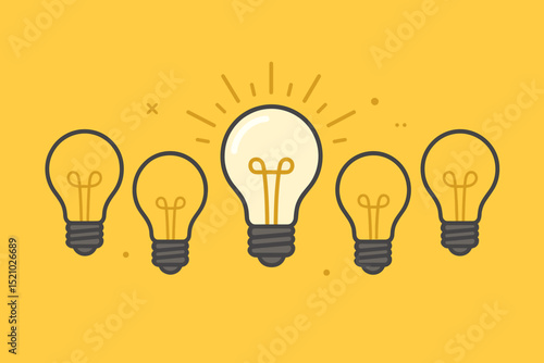 Bright glowing light bulb stands out, symbolizing new ideas, creativity, innovation, solution, problem-solving, success, insight, and strategy, against unlit lamps, concept of inspiration.