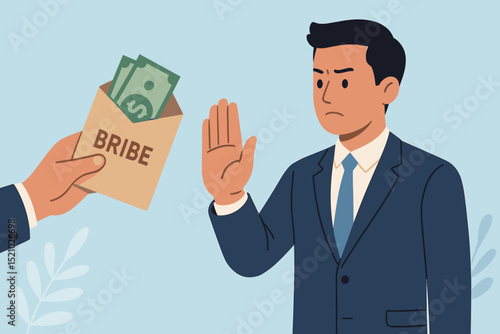 Businessman rejects bribe, demonstrating integrity, ethical business practice, anti-corruption stance, and honest refusal of illegal money. Stop illegal payment concept.