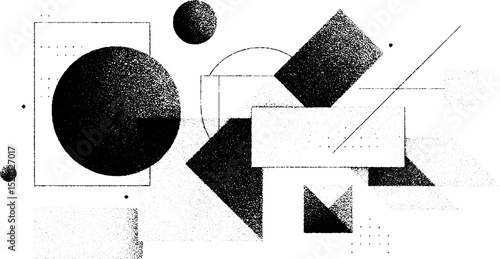 Engraved geometric illustration featuring blocks, shapes, and abstract patterns. Modern monochrome design with triangles, circles, and squares arranged in a minimalist, balanced composition.