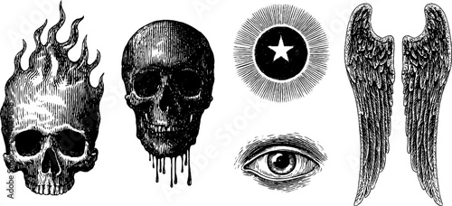 Engraved illustration set: ghostly flame, skull, star, eye, and winged art for creative design