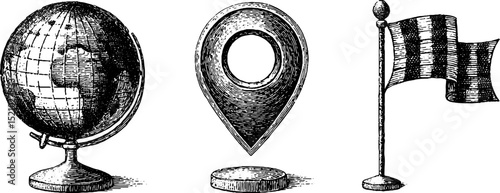 Vintage globe, location marker, and checkered flag engraved illustrations for design