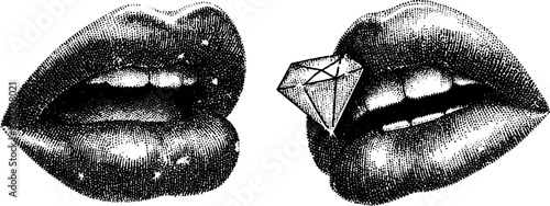 Intricate engraved illustration of glossy lips with gemstone accents