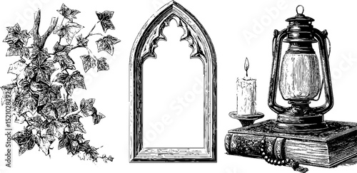 Intricate gothic frame and quill with ivy and lantern for elegant vintage designs
