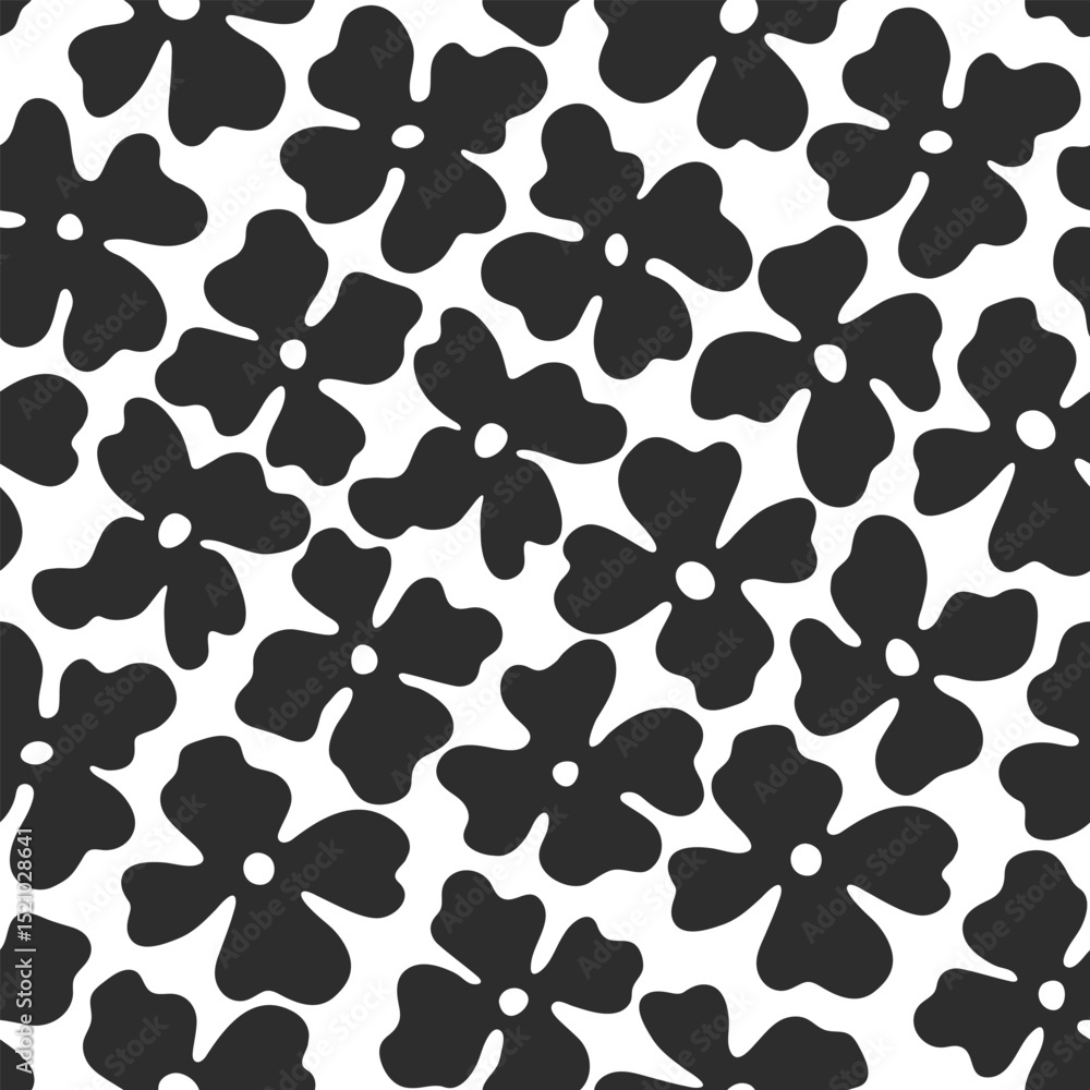 Fototapeta premium Seamless flower pattern. Geometric stylized flowers in groovy naive style. Floral botanic hand drawn design templates. 60s and 70s Retro style.
