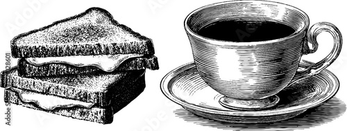 Engraved illustration of grilled cheese sandwich and coffee for culinary design