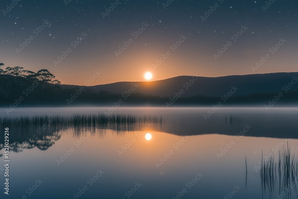 Fototapeta premium Serene sunset over a tranquil lake, reflecting the sun and stars in a misty evening.