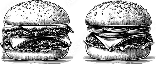 Vintage engraved illustration of hamburger set for culinary design and menu artwork