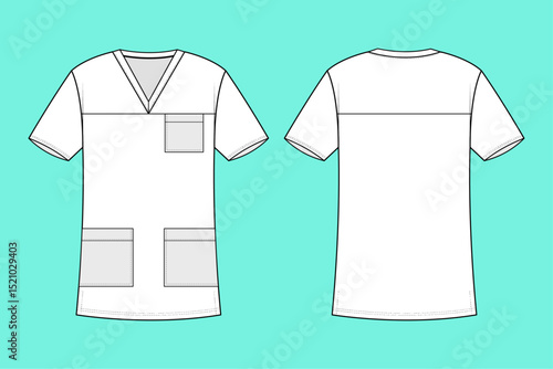 V neck short sleeve Black and White medical Scrub T-shirt fashion flat sketch CAD mockup front and back views.