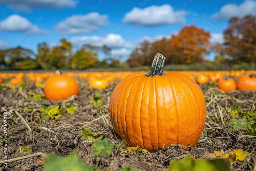 Closeup of single pumpkin in field during autumn Closeup of single pumpkin in field during autumn