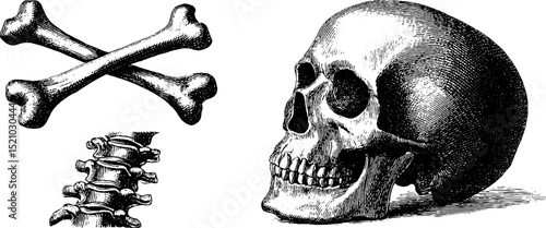 Engraved illustration of human skull and cross bones for medical and educational use