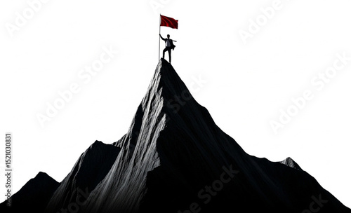 Person Standing on Mountain Peak with Red Flag | Achievement and Success Concept for Business and Motivation