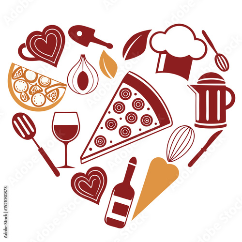 Heart shaped arrangement of pizza slices, wine, cooking utensils, and other food related elements