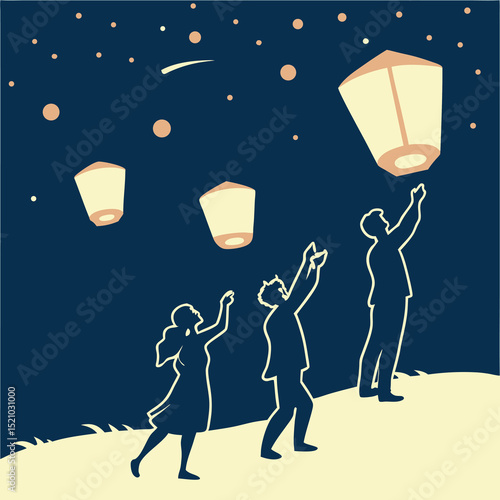 People releasing sky lanterns into the night sky with stars and a shooting star for celebration event