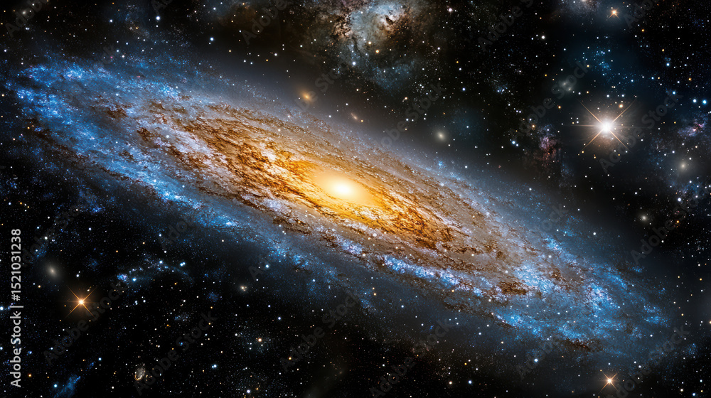Fototapeta premium Stunning galaxy with vibrant blue and golden hues, surrounded by countless stars, evokes sense