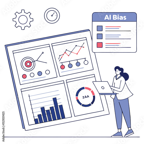 Woman analyzing ai bias on a screen with charts graphs and data visualizations for business analysis