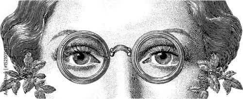 Vintage jazz age portrait with engraved detail and elegant glasses design