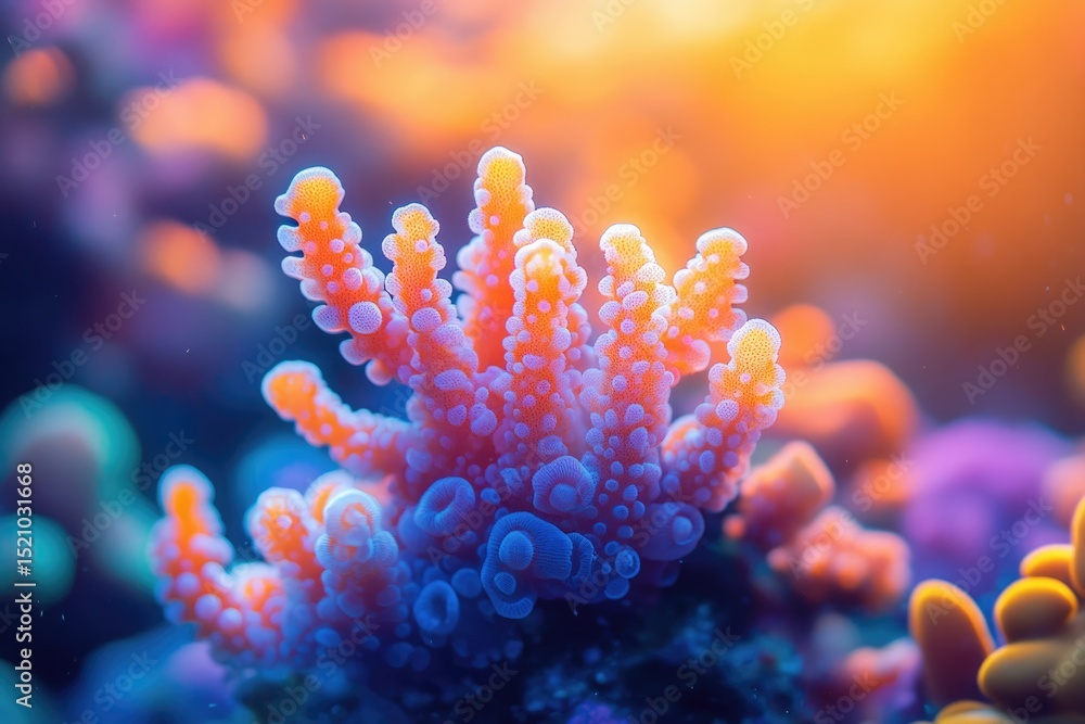 Fototapeta premium Vibrant coral polyps in a reef, showcasing stunning colors and textures under warm light.