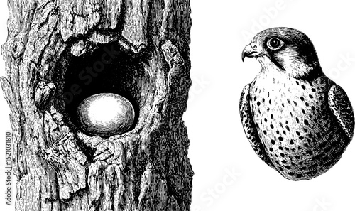 Engraved art of kestrel and nest in hollow tree for wildlife design