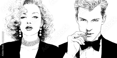 Vintage elegance: engraved set of sophisticated lady and gentleman in pearls and tuxedo