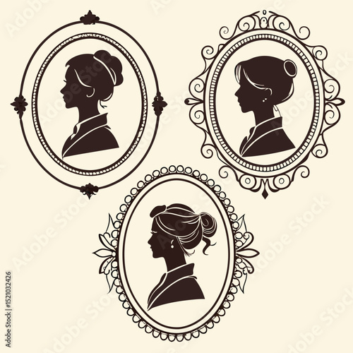 Three framed silhouette portraits of women in vintage style oval frames with decorative elements present