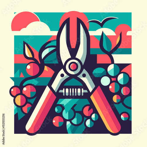 Grape pruning shears illustration with vibrant colors and nature elements in abstract style