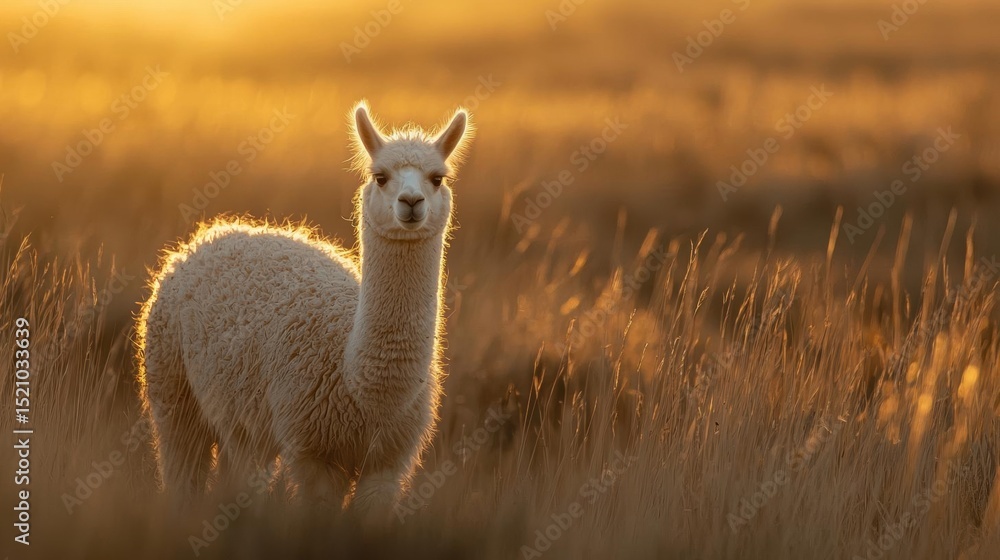 Fototapeta premium Photograph of a white alpaca standing in a field of tall, golden grass. the alpacas are facing the camera and appear to be looking directly at the camera.