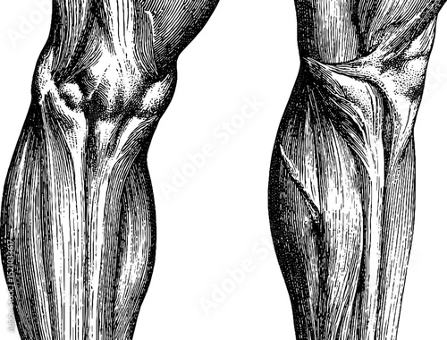 Detailed engraving of leg muscles and tibia anatomy for educational use