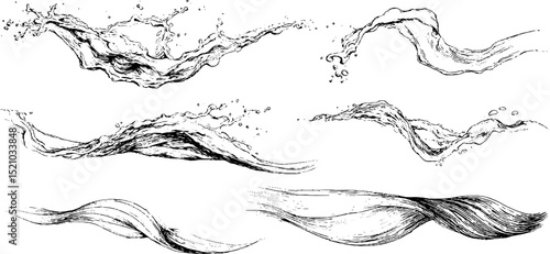 Engraved liquid drops and abstract wave illustrations for artistic design