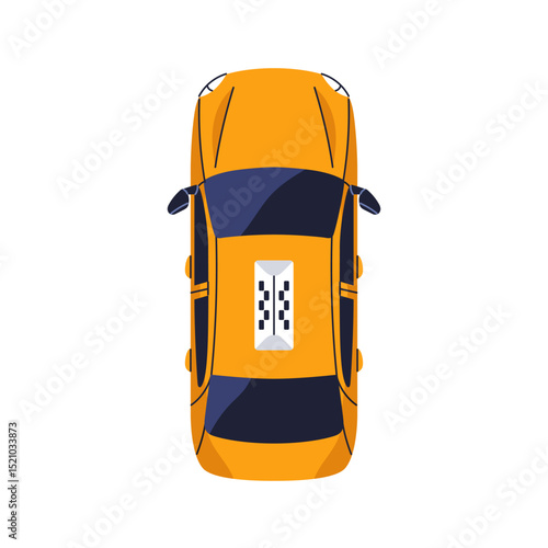 Taxi car, top view. Yellow cab with checkered sign on rooftop. Urban transport service, city auto. Modern automotive vehicle from above, overhead. Flat vector illustration isolated on white background