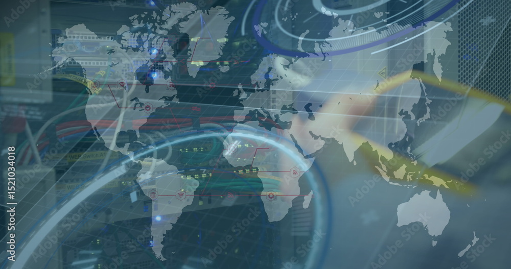Naklejka premium Image of data processing and world map over caucasian man in server room