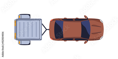 Car with trailer, above top view. Auto transport towing, pulling hauler. Vehicle with empty cargo gear attached to back for transportation. Flat vector illustration isolated on white background