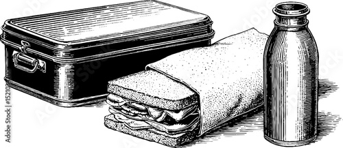 Vintage engraved illustration of lunch box and thermos set for retro dining concepts
