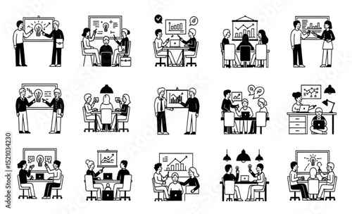 Business Team Meeting and Presentation Icons Set | Collaborative Project Planning and Strategy Illustration for Web and Print