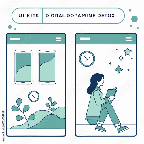 Illustration showing ui kits and digital dopamine detox with phones and a woman reading a book scene