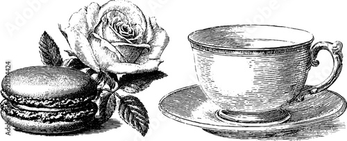 Elegant engraved illustration of macaron stack with rose and teacup for culinary art design