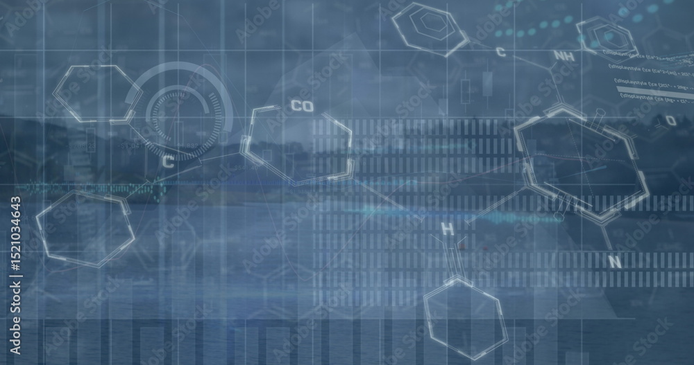 Image of chemical formula and data processing over landscape Image of chemical formula and data processing over landscape
