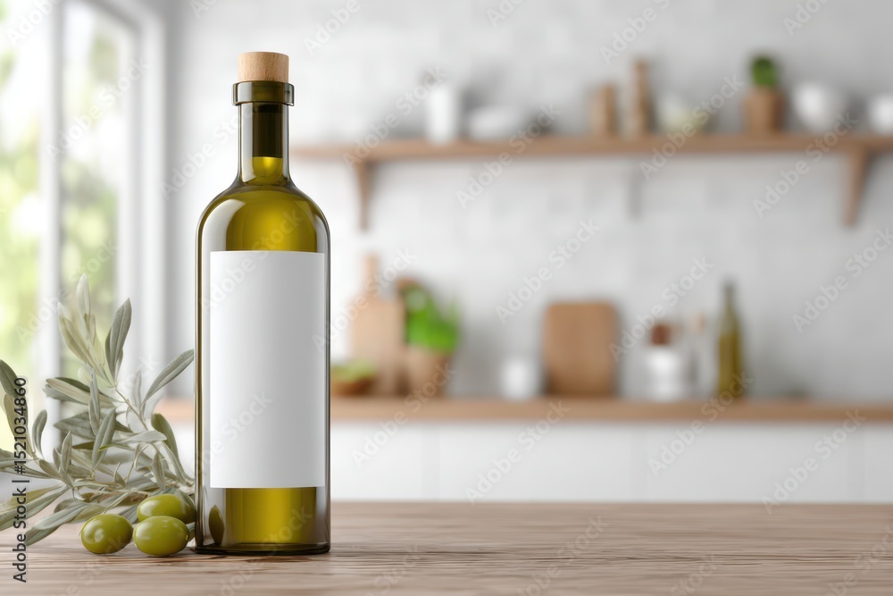 Obraz premium Olive oil bottle mockup with blank label with olive and leaf in white kitchen background, Healthy organic olive oil advertising commercial