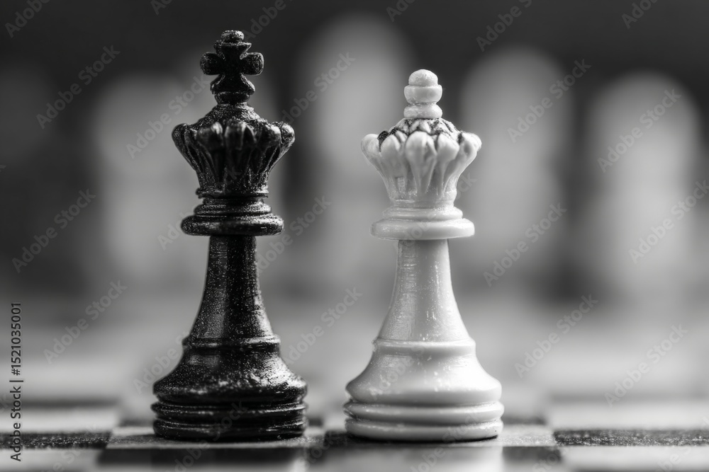 Fototapeta premium Black and white chess pieces positioned on a checkered board during an intense match in a dimly lit setting