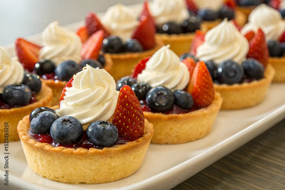 Delicious Mini Fruit Tarts with Strawberries, Blueberries, Whipped Cream and Glossy Jelly on a White Serving Platter for Special Occasions Delicious Mini Fruit Tarts with Strawberries, Blueberries, Whipped Cream and Glossy Jelly on a White Serving Platter for Special Occasions