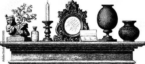 Vintage engraved mantelpiece with ornate frame, candlestick, vase, and decorative objects